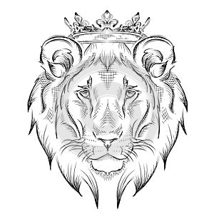 Ethnic hand drawing head of lion wearing a crown. totem / tattoo design. Use for print, posters, t-shirts. Vector illustration