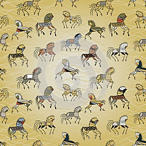 Ethnic horse galloping on a background wave