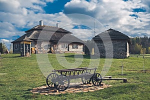 Ethnic house on rural landscape - birthplace of Kosciuszko in Kossovo village, Belarus.