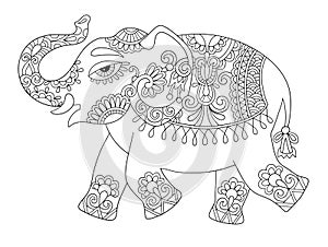 Ethnic indian elephant line original drawing, adults coloring bo