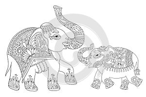 Ethnic indian elephant line original drawing, adults coloring bo