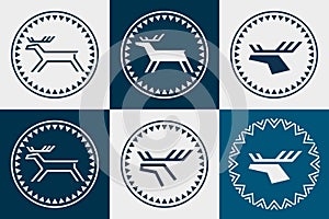 Ethnic logo. Stylish deer in the national circle. Set of different options