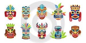 Ethnic masks. Ritual, ceremonial tribal mexican indian or african colorful masks, aboriginal zulu or aztec idols with