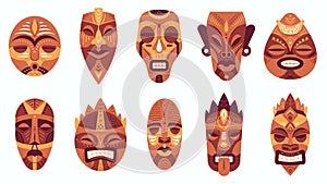 Ethnic masks. Traditional ritual, ceremonial african, hawaiian or aztec mask with ethnic carnival ornaments, antique