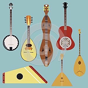 Ethnic music instruments vector set. Musical instrument silhouette