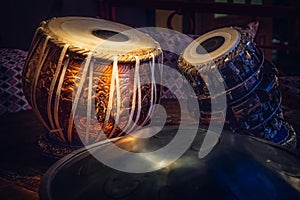 ethnic musical instrument tabla in the interior of the chill-out