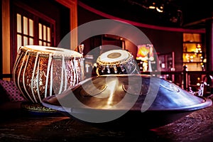 ethnic musical instrument tabla in the interior of the chill-out