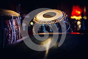 ethnic musical instrument tabla in the interior of the chill-out