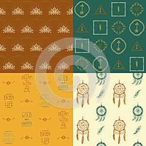 Ethnic native ornamental seamless patterns set with dream catchers, lotos flowers, feather amulets