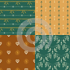 Ethnic native ornamental seamless patterns set with feather amulets, hearts, arrows, etc