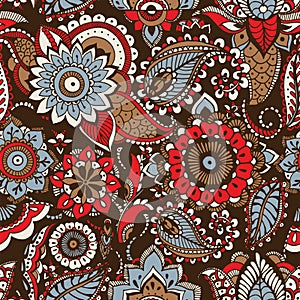 Ethnic paisley pattern with buta motifs and traditional Arabic floral mehndi elements on dark background. Motley