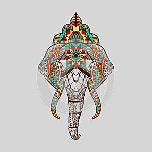 Ethnic patterned head of elephant With Mandala crown red blue yellow colour