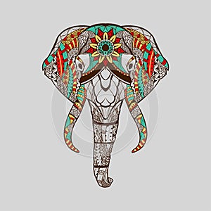 Ethnic patterned head of elephant red blue yellow colour