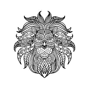 Ethnic patterned head of lion. Hand drawing illustration.