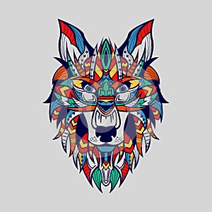 Ethnic patterned head of Wolf Front view Blue Line Colour