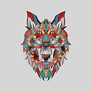 Ethnic patterned head of Wolf Front view Brown Line Colour
