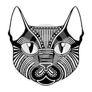 Ethnic patterned ornate decorative face cat silhouette.