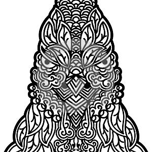 Ethnic patterned ornate hand drawn head of rooster. Abstract card with detailed snout. Black and white outline doodle background.