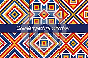 Ethnic seamless pattern collection. Folk, tribal backgrounds set. Embroidery print kit. Boho chic geometric ornaments