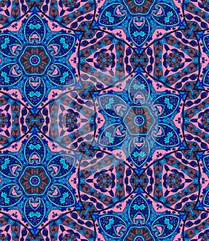 Ethnic seamless pattern with flowers and paisley in pink and blue tones. Indian, arabic, moroccan motives.