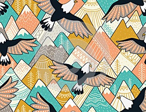 Ethnic seamless pattern with with mountains and eagles. Bright ornamental vector background.