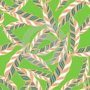 Ethnic seamless pattern with random doodle pink feather elements print. Bright green background