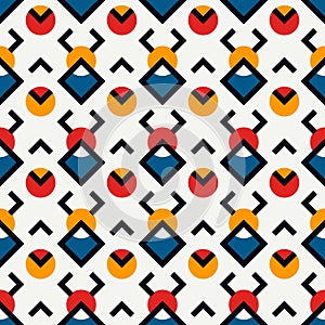 Ethnic seamless pattern. Tribal style geometric ornament. Repeated diamonds, circles motif. Boho chic abstract geo background