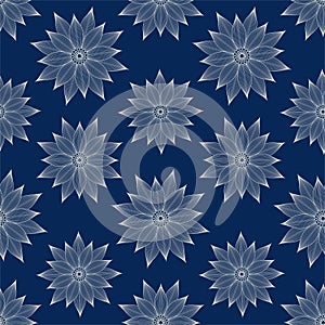 Ethnic seamless vector pattern. Blue geometric flower mandalas.