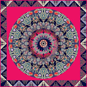 Ethnic square carpet. Lovely tablecloth with tulips. Flower mandala and decorative frame from triangles