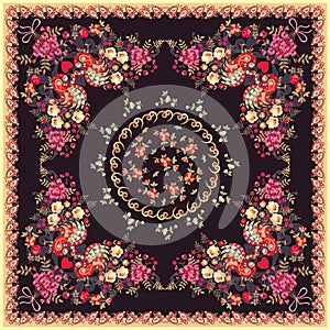 Ethnic square pattern for shawl with peacocks, flowers and paisley border. Vector illustration. Russian, indian motives