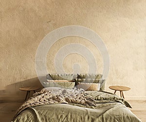 Ethnic style bedroom interior background. Bed with wooden bedside. Empty beige wall mockup. 3d render illustration.