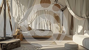 Ethnic style bedroom interior background. Generative Ai