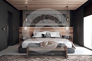 Ethnic style bedroom interior with bed in modern house