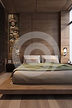 Ethnic style bedroom interior with bed in modern house