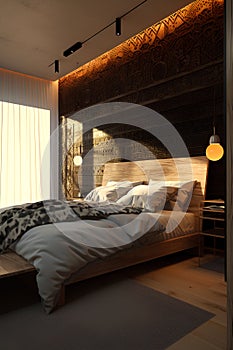 Ethnic style bedroom interior with bed in modern house