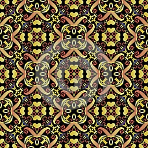 Ethnic style colorful floral vector seamless pattern. Abstract bright love hearts background. Tribal ornamental repeat