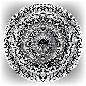 Ethnic style lace floral greek vector mandala pattern. Vintage ornamental background. Round elegance black and white