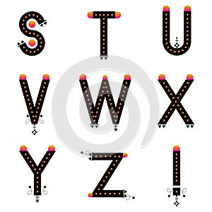 Ethnic style letters. Simple geometric black alphabets. ABC collection. Vector characters highlighted with gradient dots.