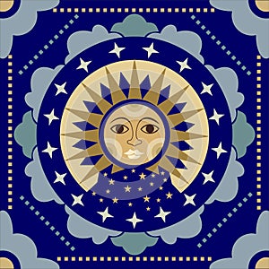 Ethnic sun on the popular print. Lubok with the image of the sun in the old style