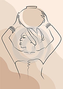 Ethnic traditional african woman line drawing poster. Minimalistic modern woman with jar photo