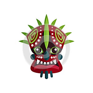 Ethnic tribal mask with ornaments, big eyes and teeth. Flat vector icon related to Zulu culture. Ritual attribute