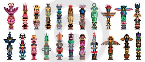 Ethnic tribal totem pole with tiki mask and eagle set