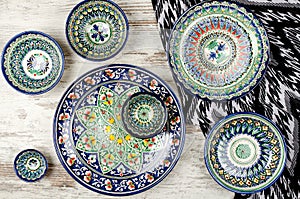 Ethnic Uzbek ceramic tableware.