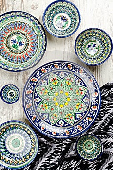 Ethnic Uzbek ceramic tableware.