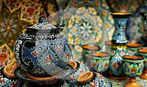 Ethnic Uzbek ceramic tableware with traditional uzbekistan ornament