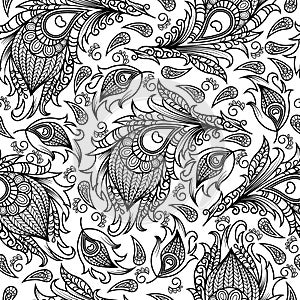 Ethnic wallpaper from decorative feathers. Luxurious seamless pattern of peacock feathers in oriental, Indian style.