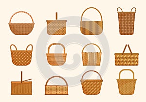 Ethnic wicker baskets set. Large volumes and small basket for berries yellow knapsacks in decorative tracery traditional