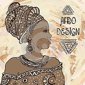 Ethnic young african woman portrait on grangebackground . Vector illustration. Afro design