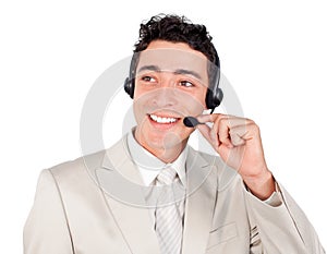 Ethnic young businessman with headset on