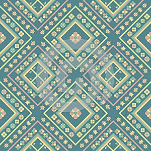 Ethnics geometric yellow seamless in green background for fabric